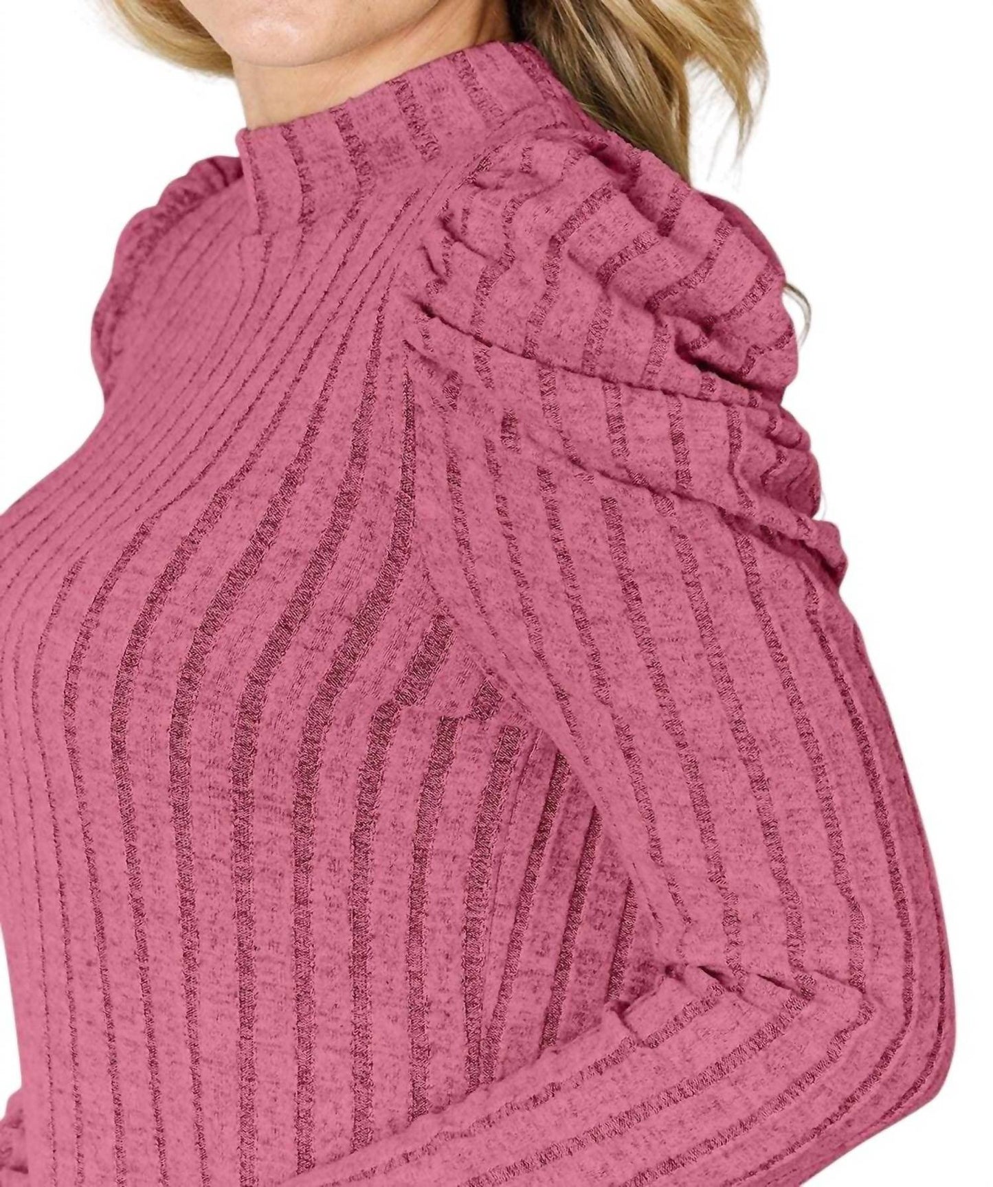Basic Bae - Ribbed Mock Neck Top With Puff Sleeves