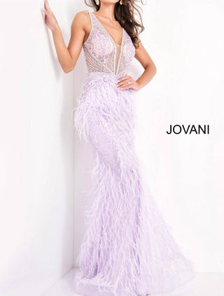 Jovani - Vestido de penas com corpete transparente e embelezado