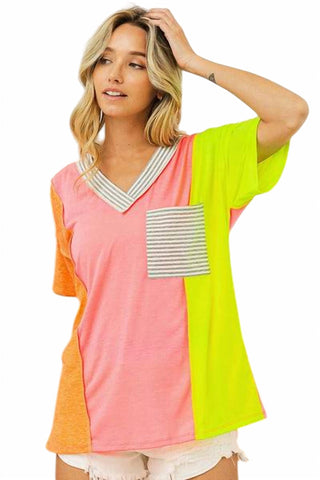 Bibi - Blusa feminina com decote em V e blocos de cores