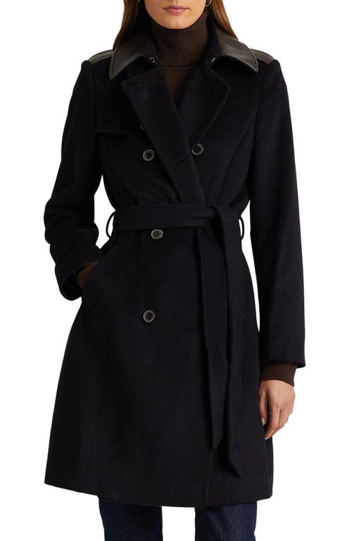 Lauren Ralph Lauren Tie Waist Faux Leather Trim Wool Blend Coat in Regal Navy , Size 6