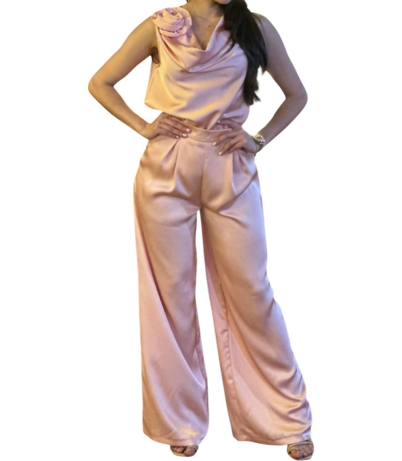 A.C.G. Los Angeles - Satin Wide Leg Pants & Cowl Neck & Flower Sleeveless Top