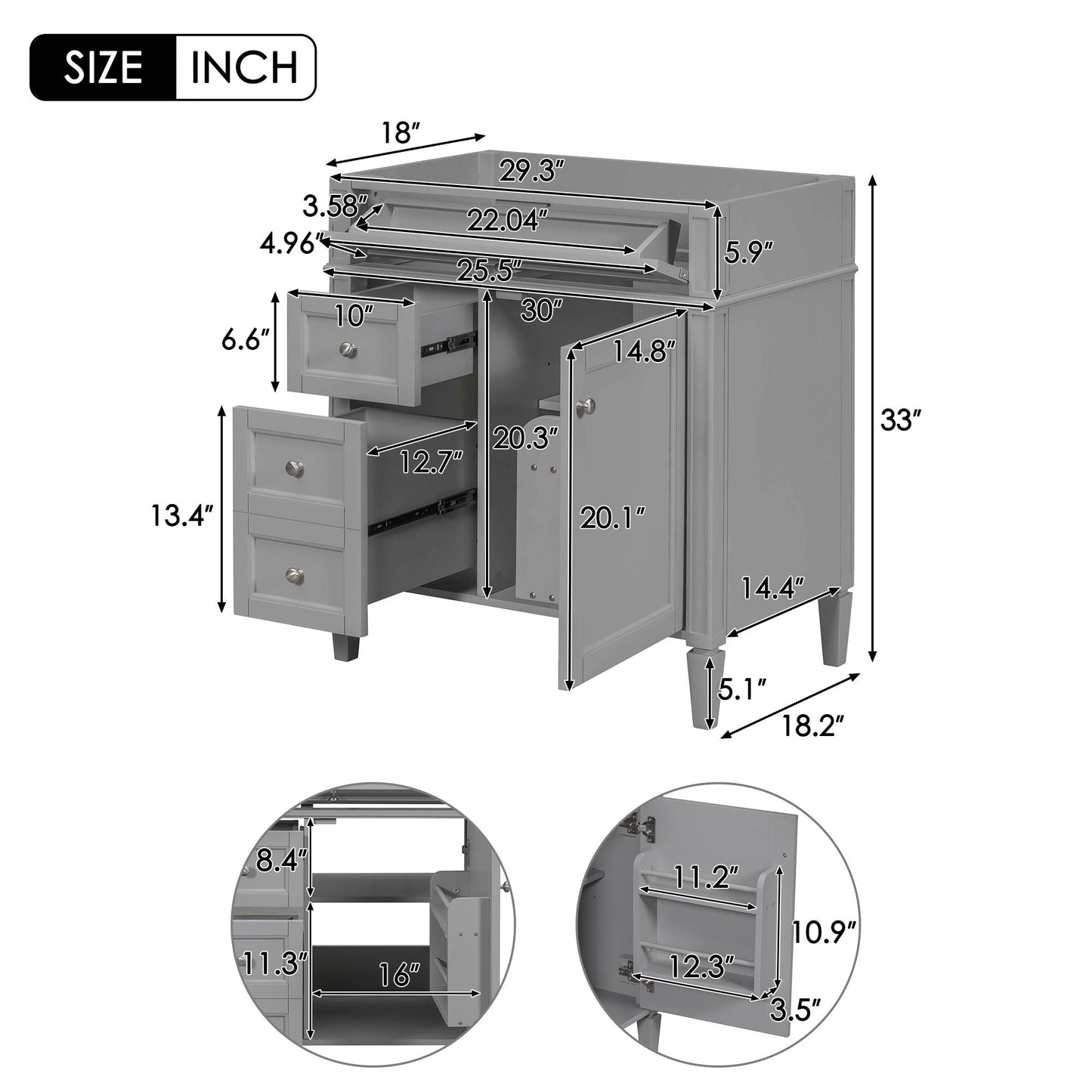 Bathroom Vanity With 2 Drawers and Tip-Out Drawer Storage Cabinet