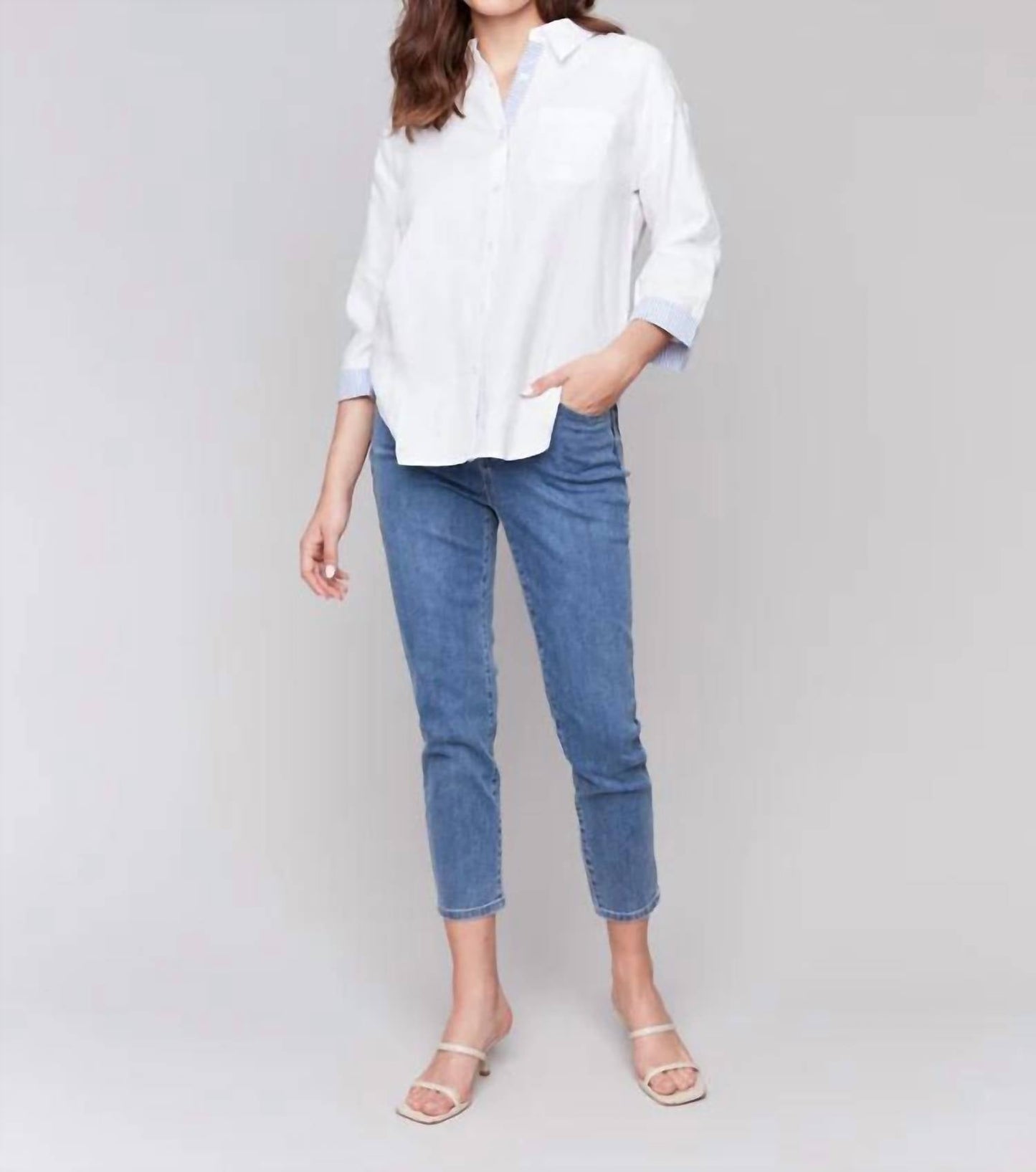 Charlie B - Linen Blend Drop Shoulder Shirt With Striped Cuffs