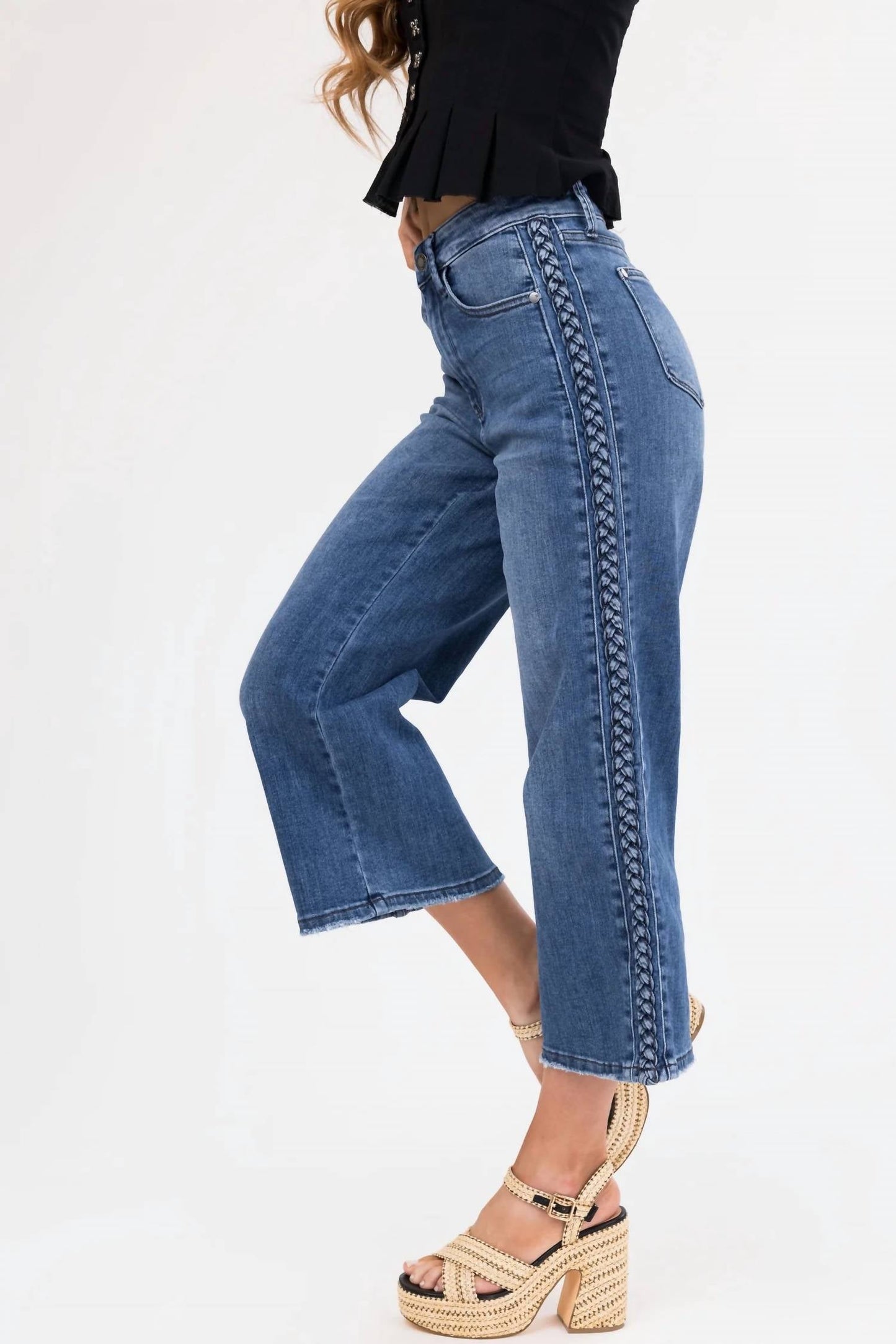 Judy Blue - High Waist Braided Detail Crop Wide Leg Jeans