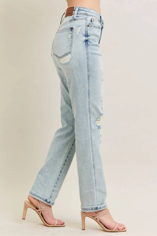 Trendsi - Judy Blue Full Size Mr Repair Stitch Detail Destroy Single Cuff Bf Jeans Plus Size