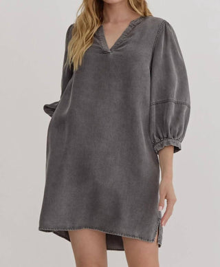 Entro - Balloon Sleeve V-neck Denim Dress