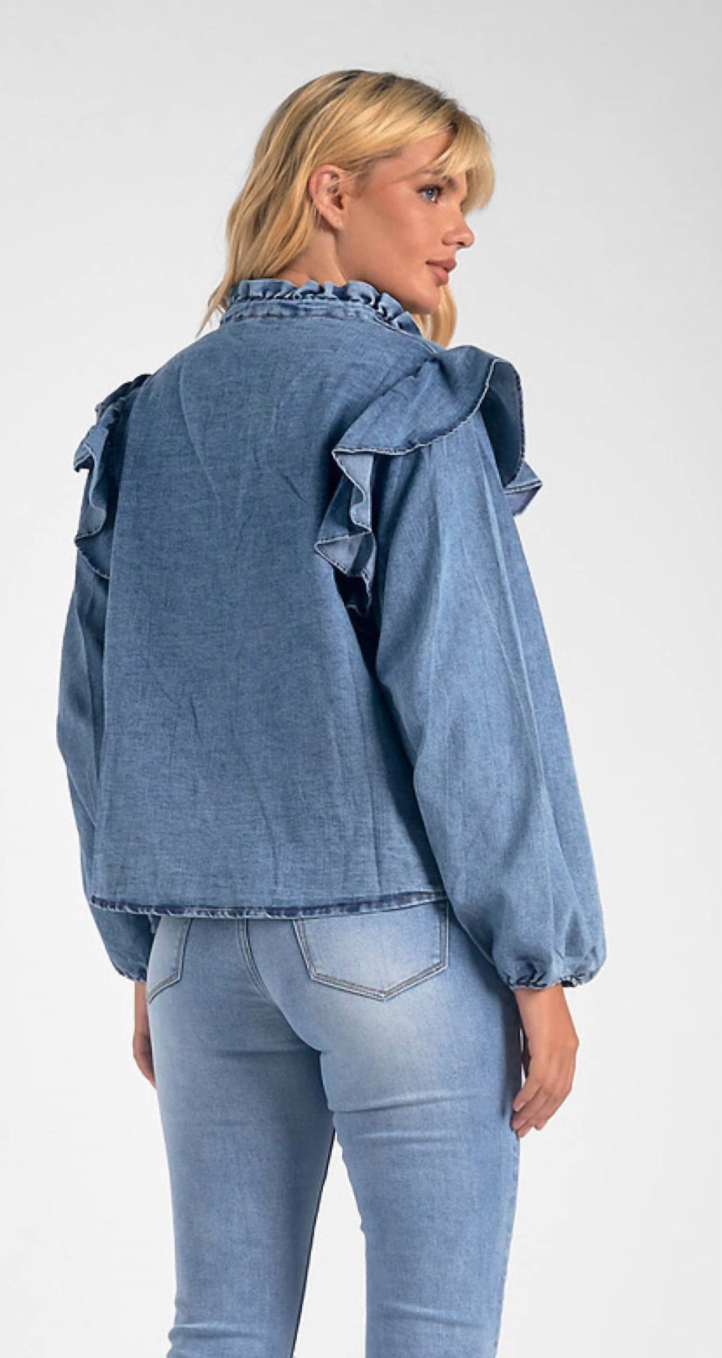 Elan - Blusa jeans manga comprida com babados