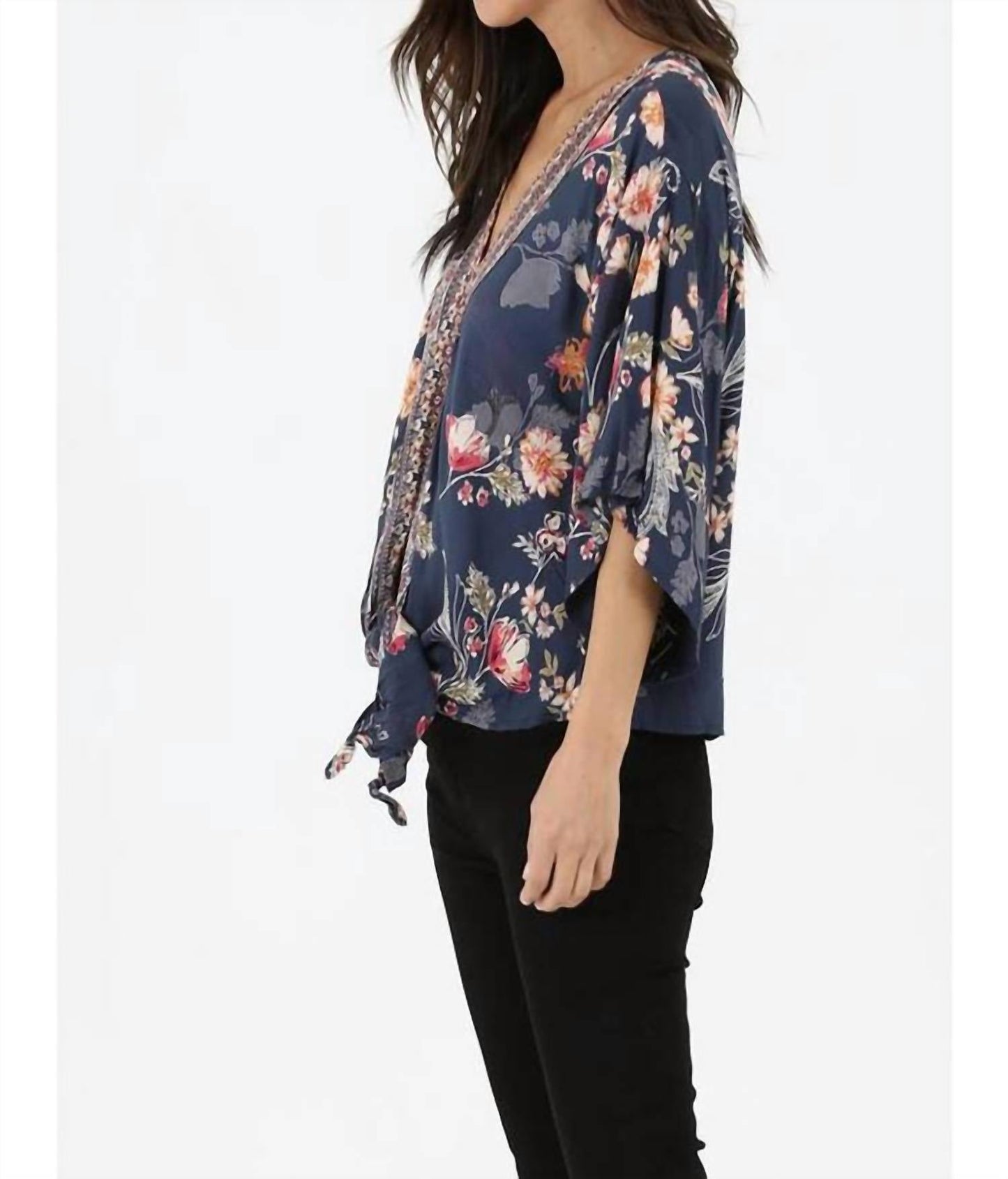 Nostalgia - V Neck Tie Waist Kimono Sleeve Blouse