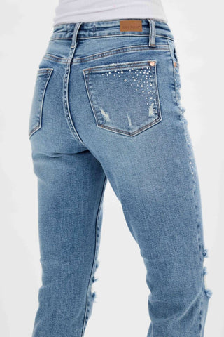 Judy Blue - Calça jeans slim com cintura alta e strass