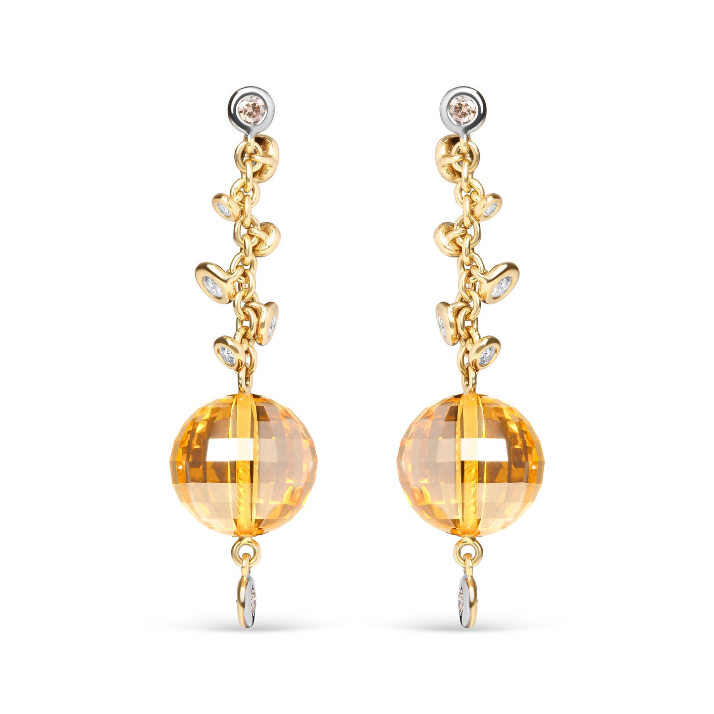 18K Yellow Gold 2/3 Cttw Round Bezel Diamond and 25mm Ball Shaped Yellow Citrine Gemstone Dangle Stud Earring (Brown and G-H Color, SI1-SI2 Clarity)