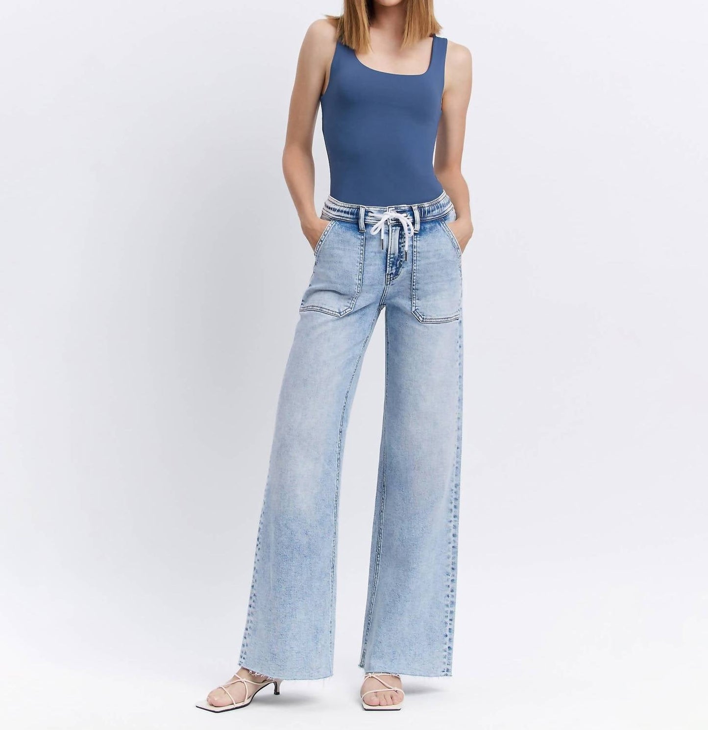 Flying Monkey - HIGH RISE DRAWSTRING WAISTBAND WIDE LEG JEANS