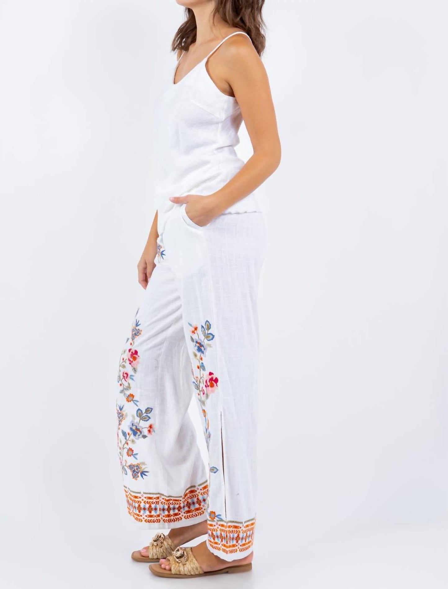 Paparazzi - Linen Blend Embroidered Slit Side Pant
