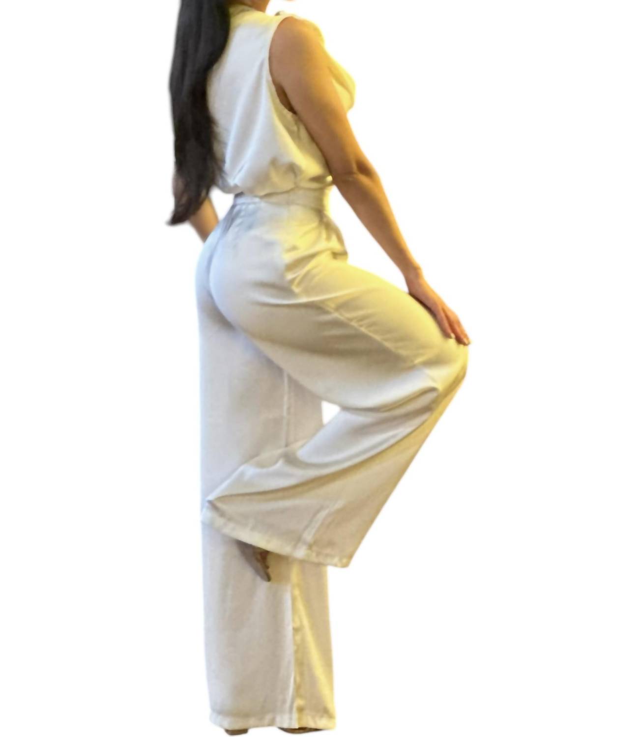 A.C.G. Los Angeles - Satin Wide Leg Pants & Cowl Neck & Flower Sleeveless Top