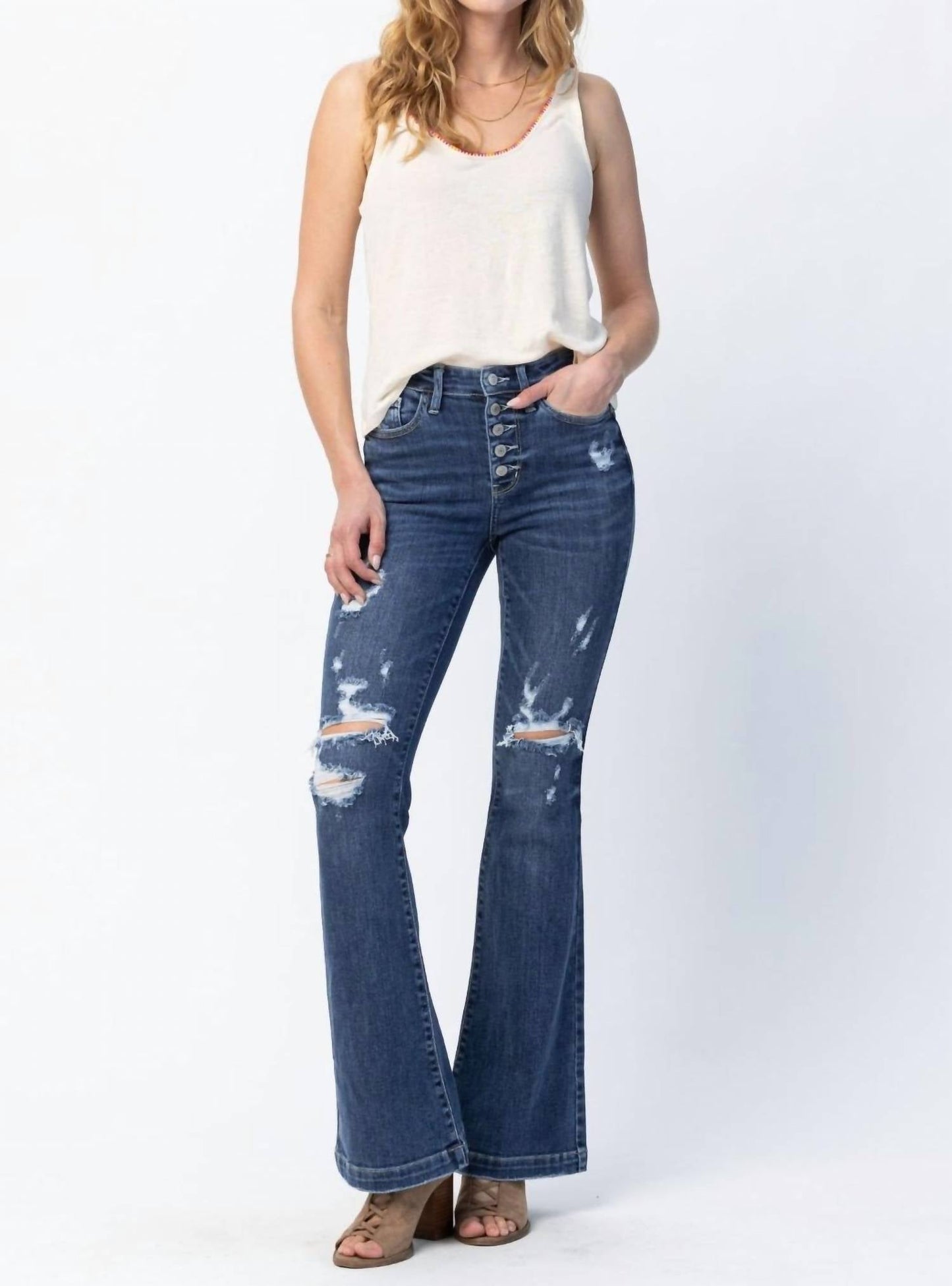 Judy Blue - Midrise Button Fly Trouser Flare With Distressing