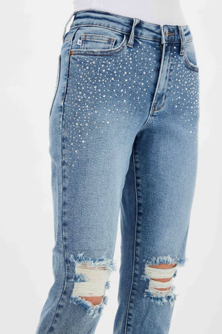 Judy Blue - Calça jeans slim com cintura alta e strass