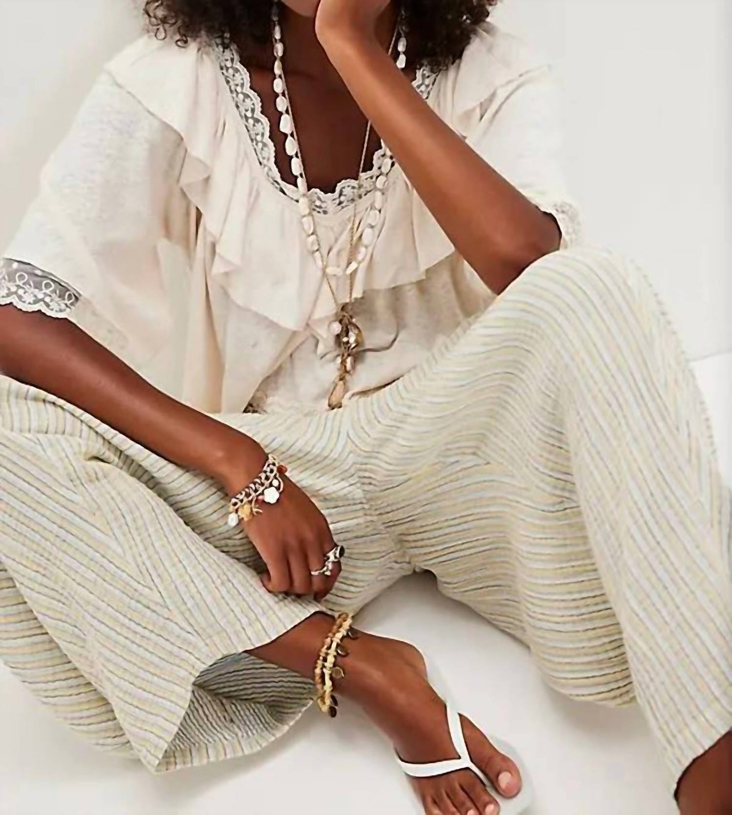 Free People - Lulu Knit Billowy Ruffle Lace Trim V-neck Top