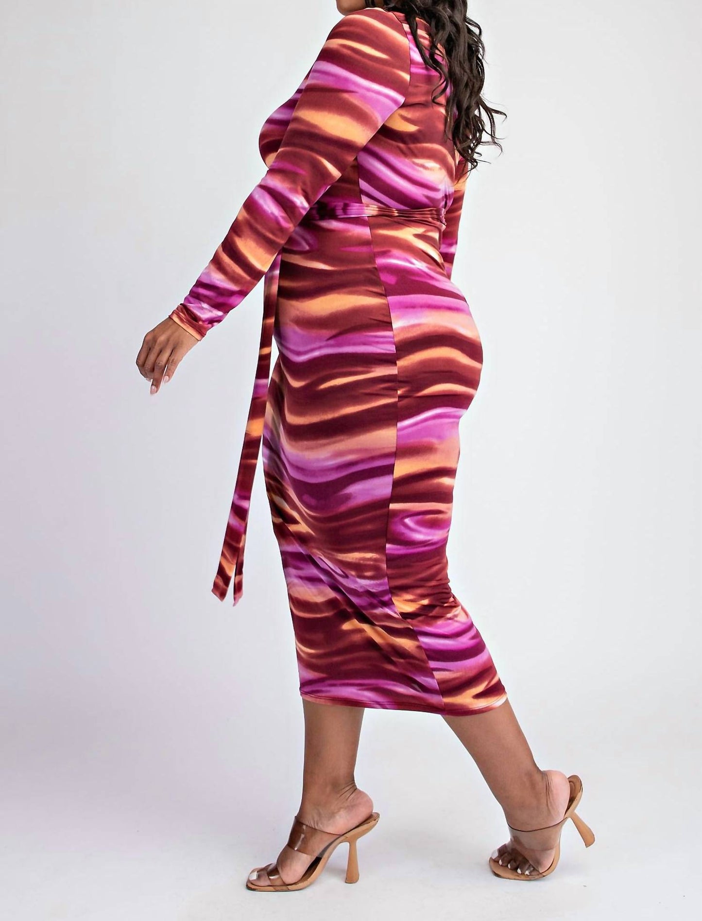The Curve La - Plus Size Knit Long Sleeve Midi Dress With Self-tie Belt