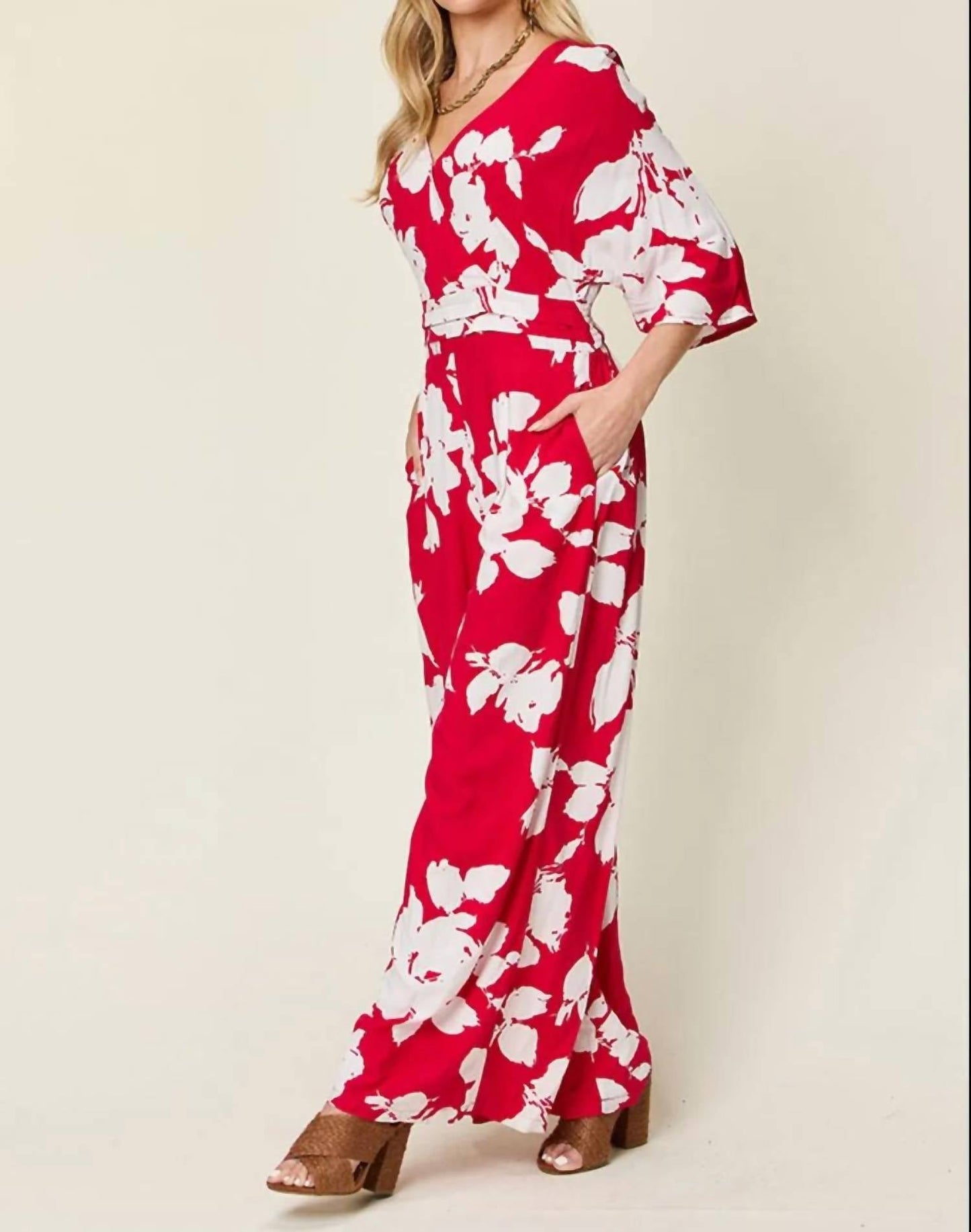 Double Take - Full Size Printed Tie Back Wide Leg Jumpsuit