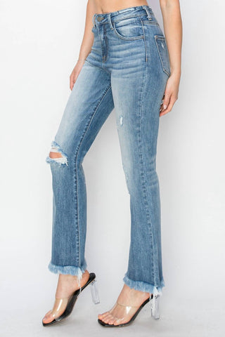 Risen - Calça Jeans Bootcut Fray Crop de Cintura Alta