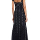 Adrianna Papell - V-neck Godet Cutout Back Embellished Mesh Gown