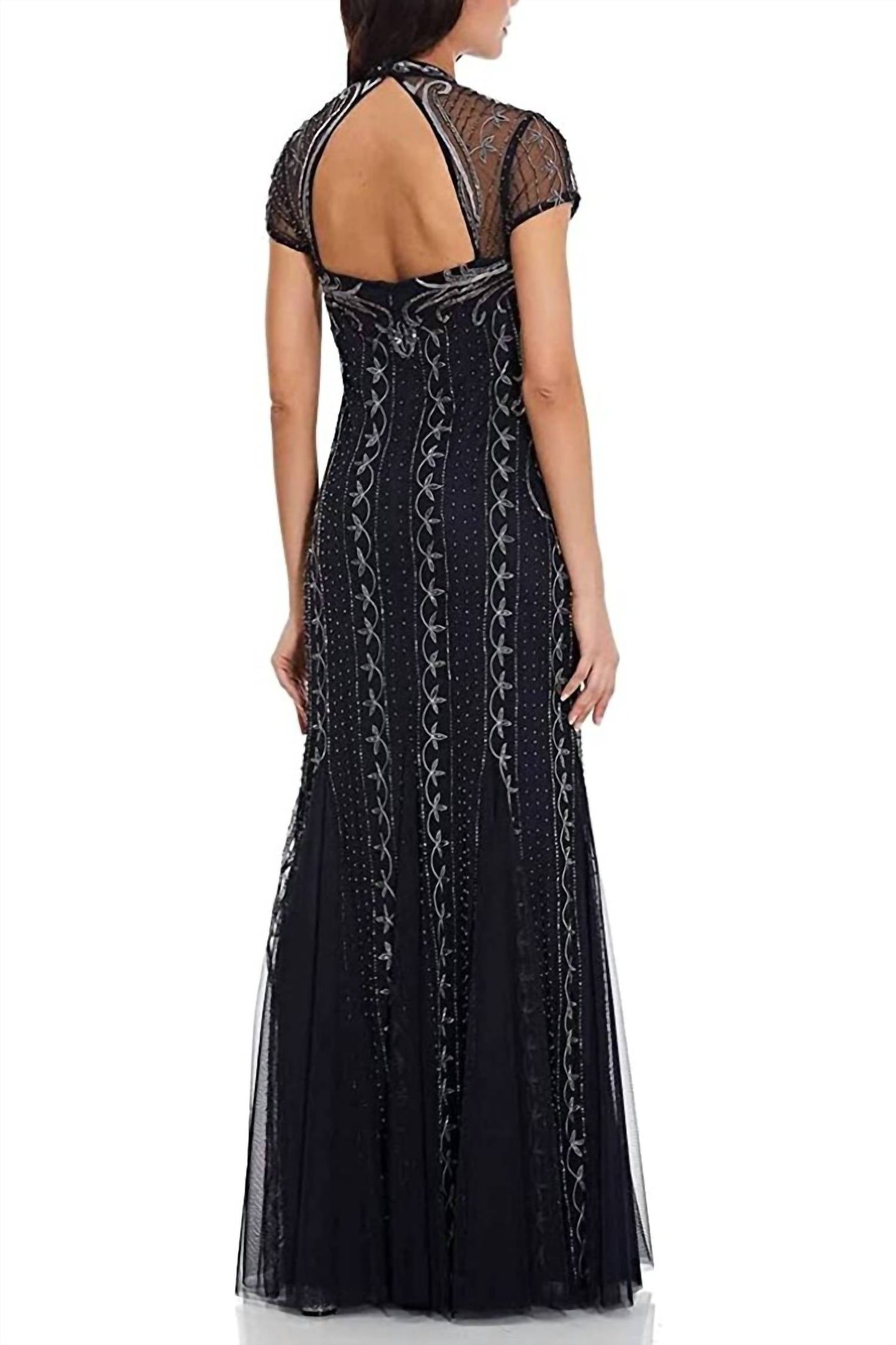 Adrianna Papell - V-neck Godet Cutout Back Embellished Mesh Gown