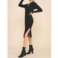 Allie Rose - Ribbed V Neck Collar Long Sweater Dress