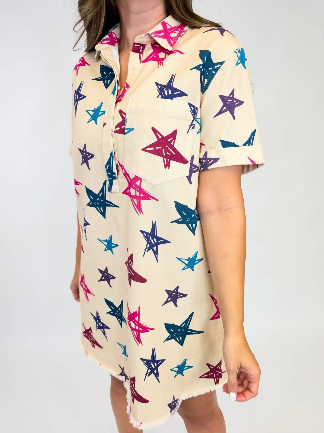 Bibi - Washed Denim Frayed Hemline Short Dress