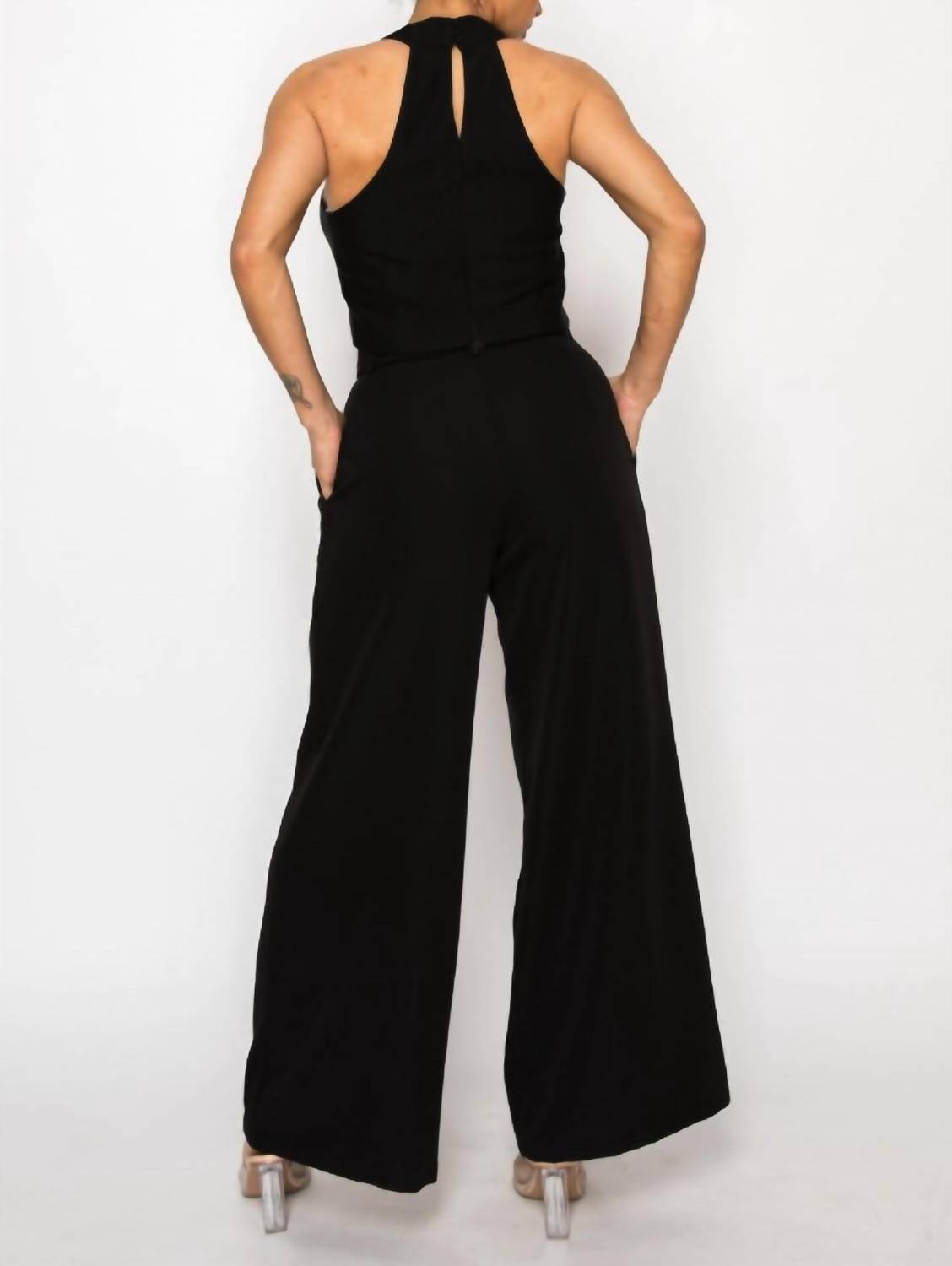 A.C.G. Los Angeles - Dressy & Casual High Waisted Palazzo Belted Pants & Halter Cropped Top Set