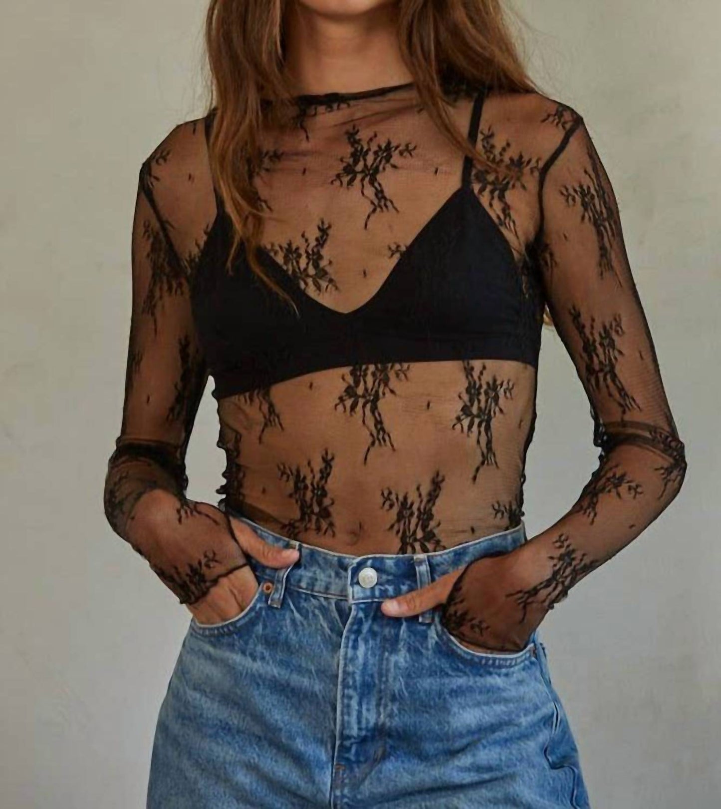 By Together - Knit Jacquard Lace Mock Neck Top