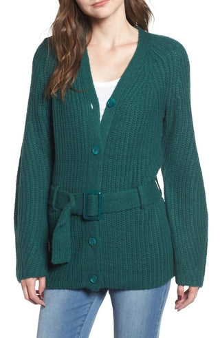 Leith - Cardigan feminino de malha canelada com cinto