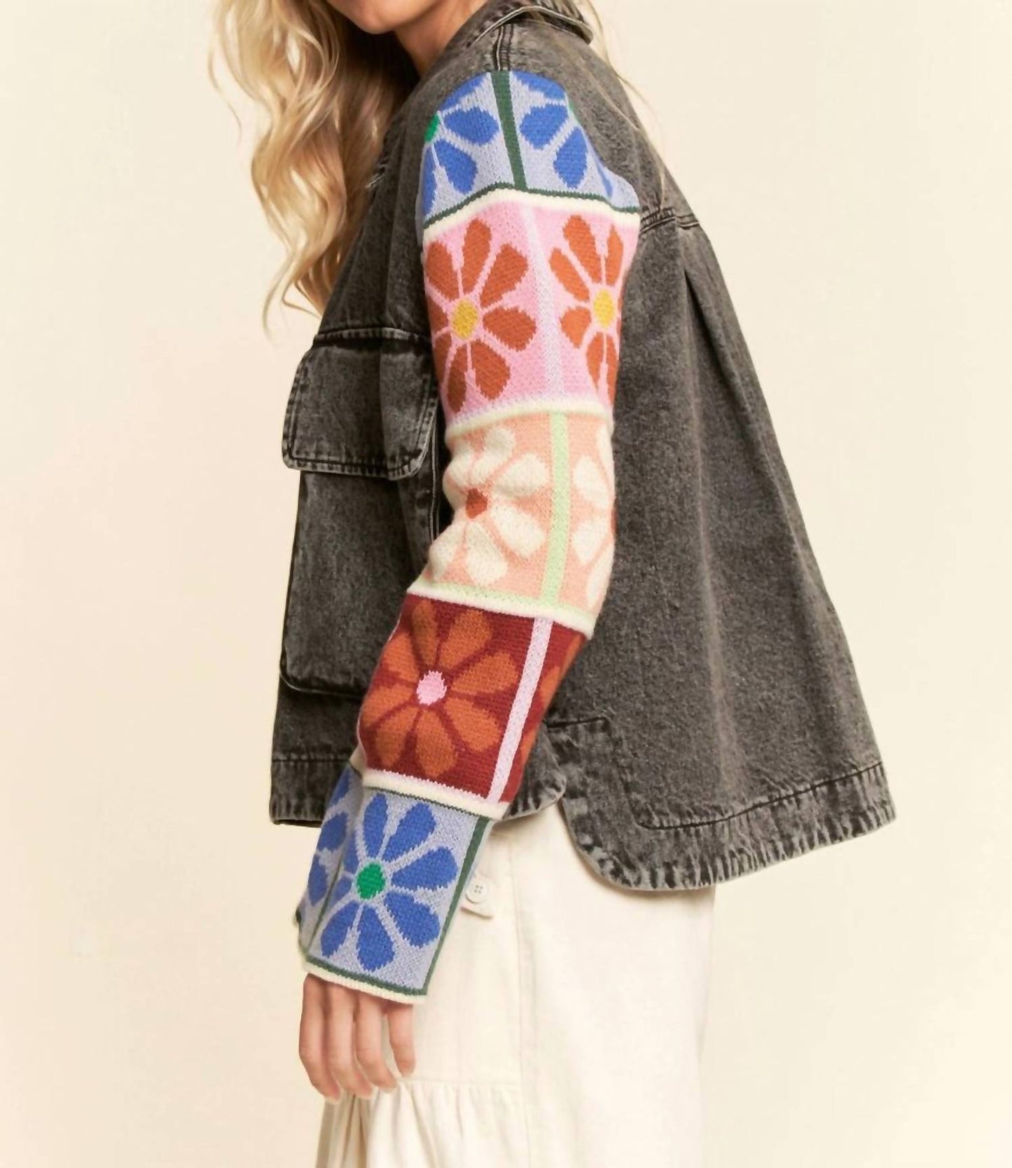 Davi & Dani - Patch Design Knit Sleeve Button Front Denim Jacket