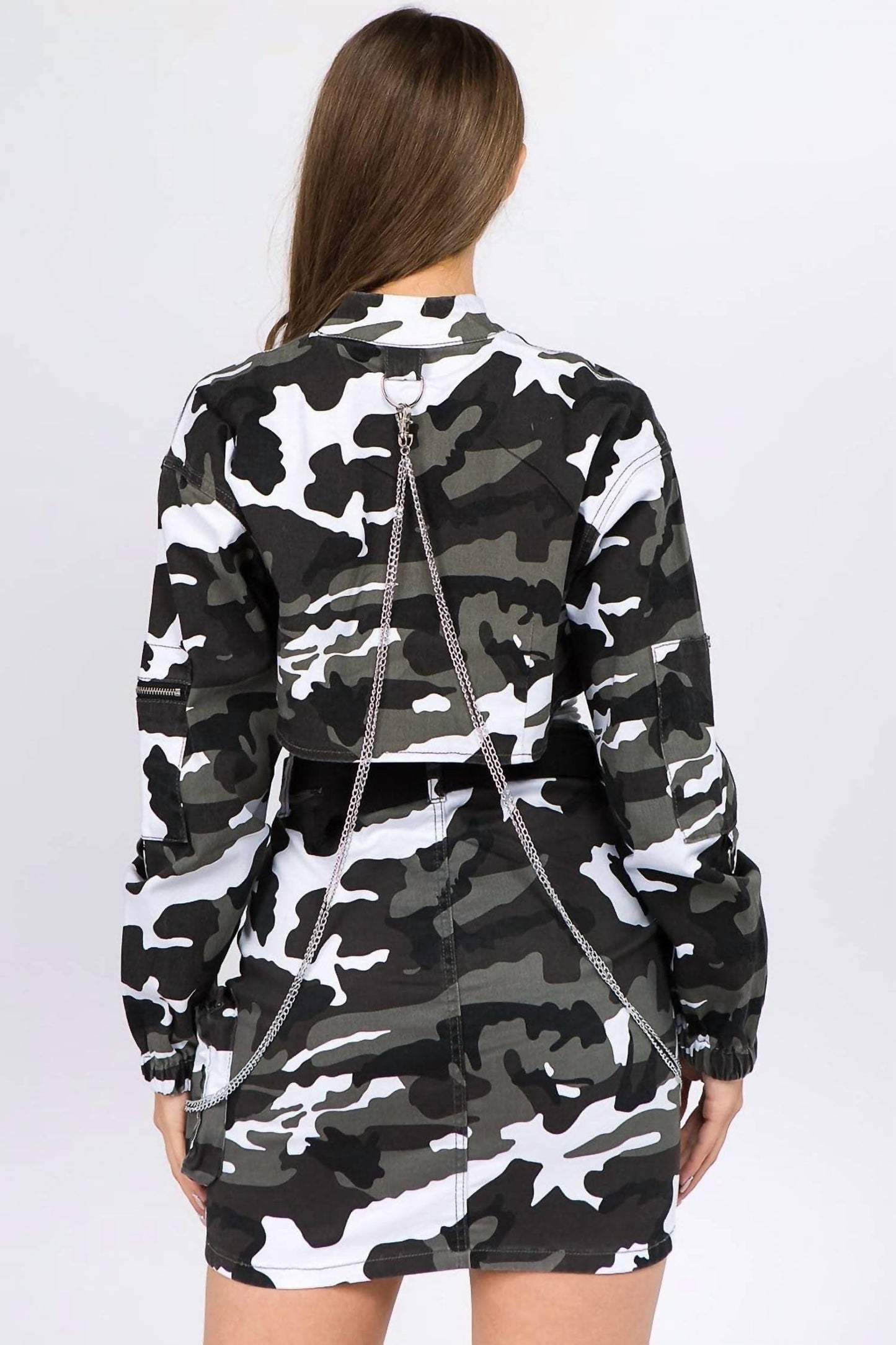 American Bazi - Edgy Camo Cropped Jacket With Chains