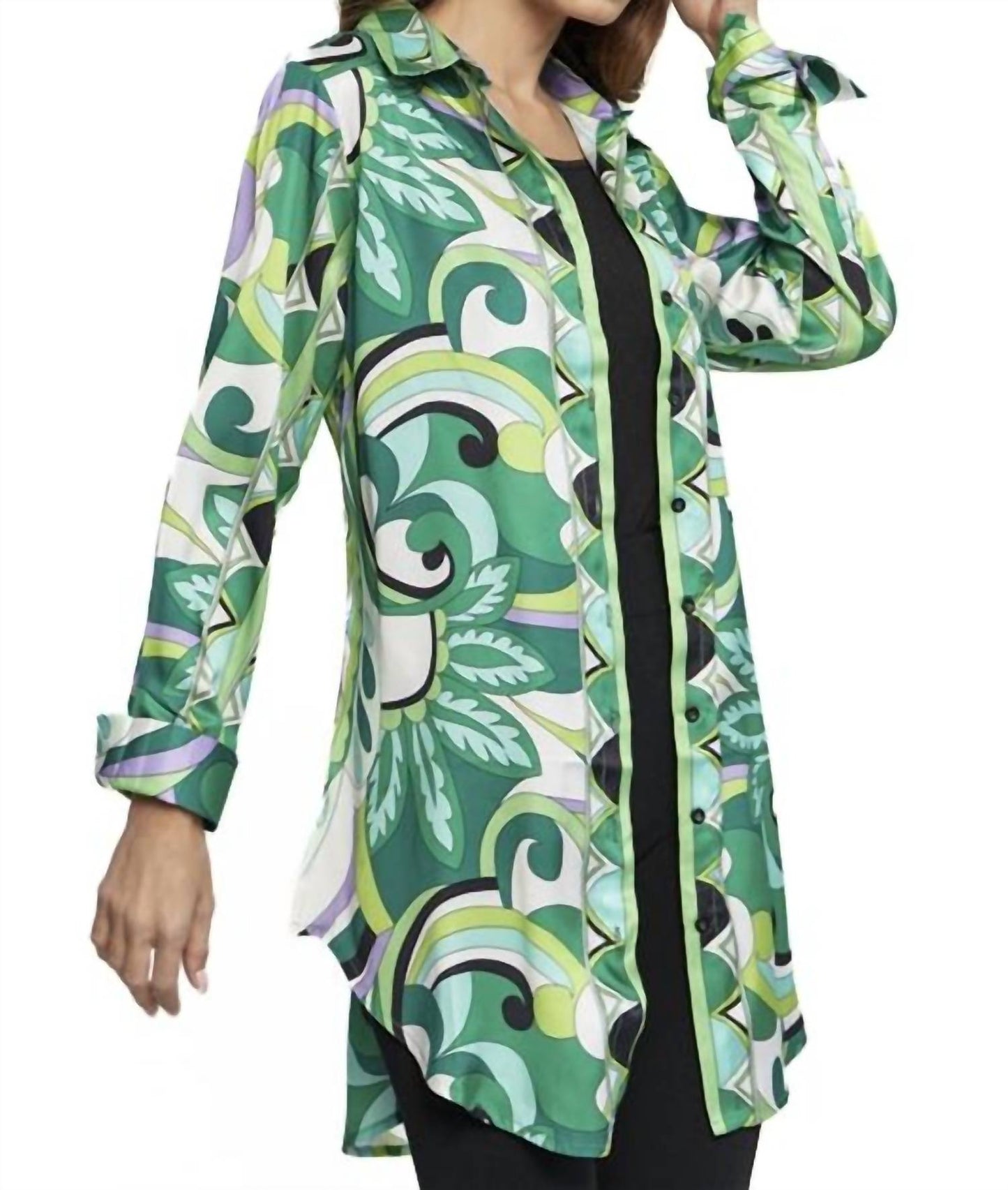 Adore - Button Down Satin Print Tunic Blouse