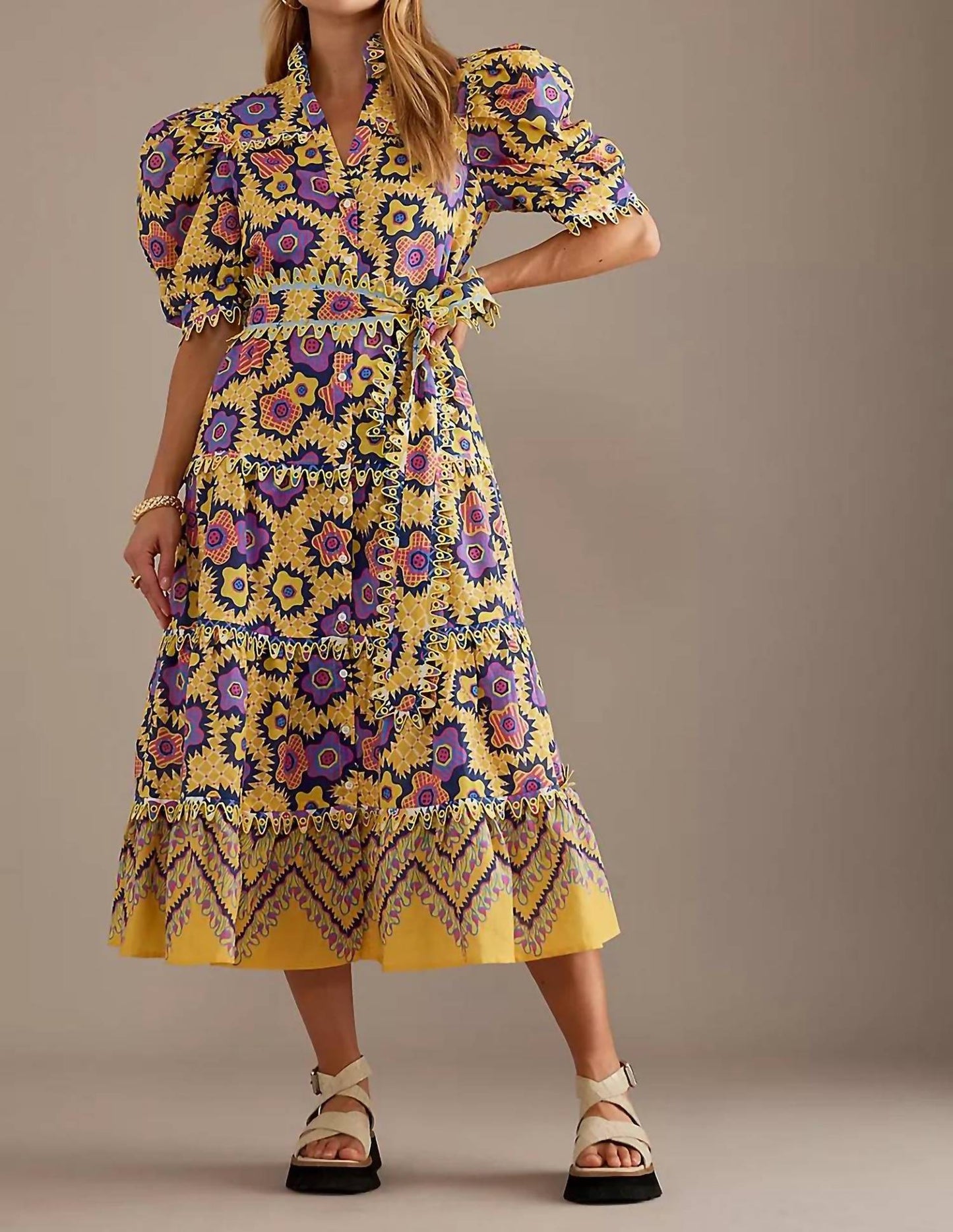 Celia B - Linen Puff-sleeve Midi Dress