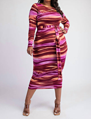 The Curve La - Plus Size Knit Long Sleeve Midi Dress With Self-tie Belt