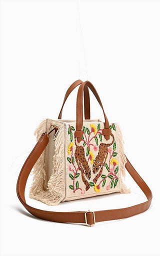 America & Beyond - Women's Temur Leopard Fringed Tote