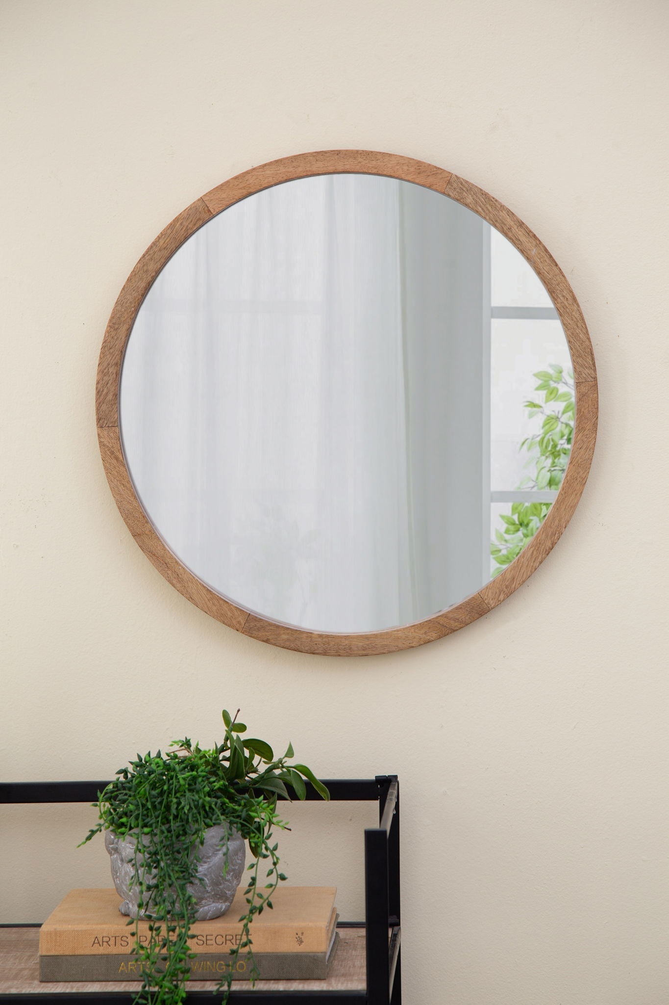 Circle Wall Mirror With Wooden Frame for Living Room