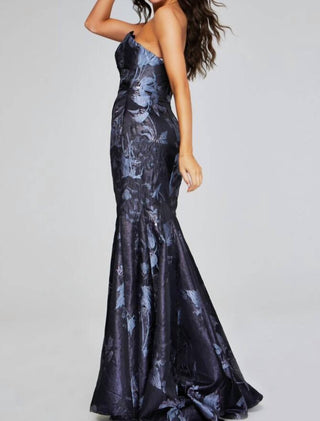 Jovani - Elegant Floral Gown With Asymmetrical Detailing