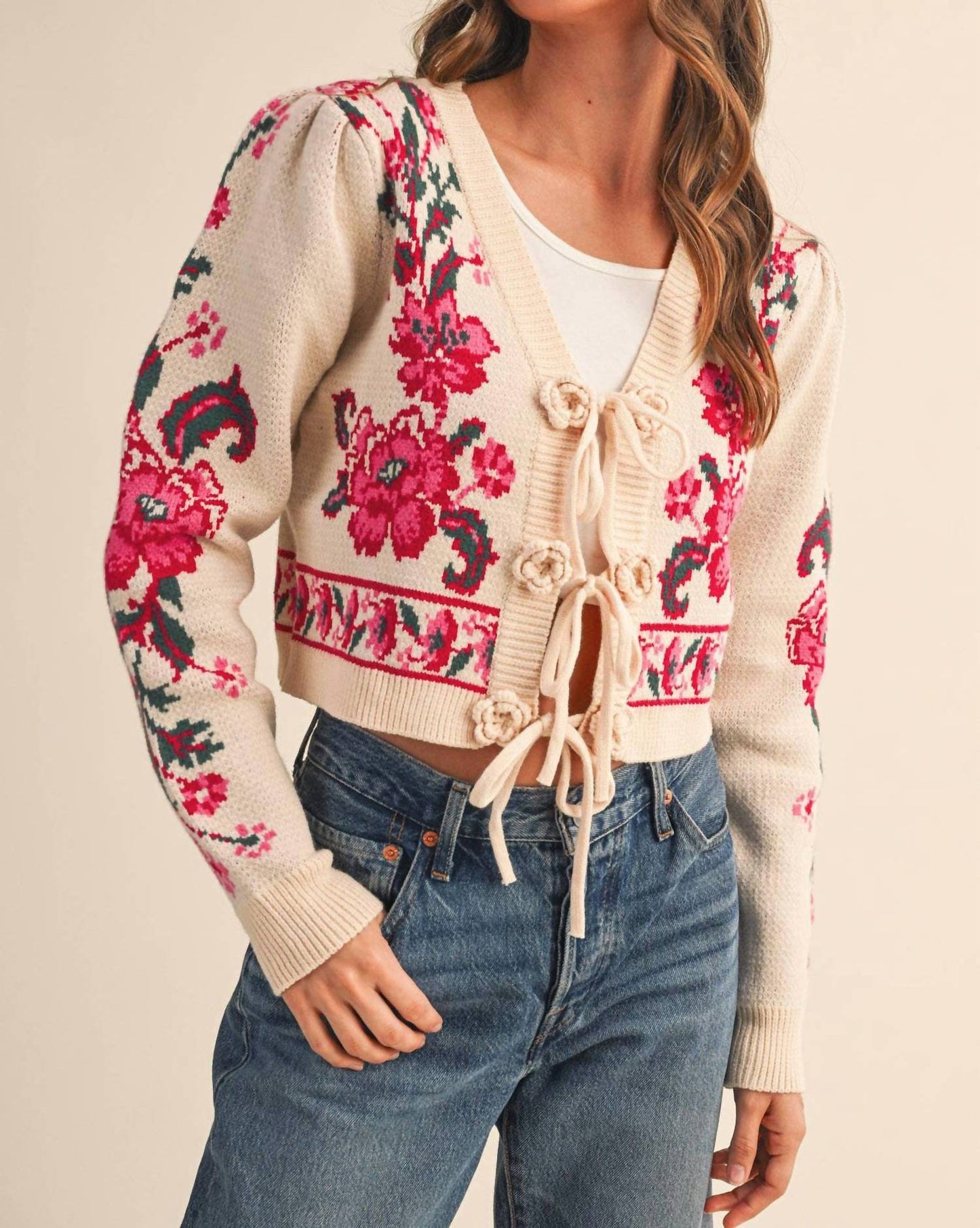 &Merci - Floral Knit Tie-front Sweater Cardigan