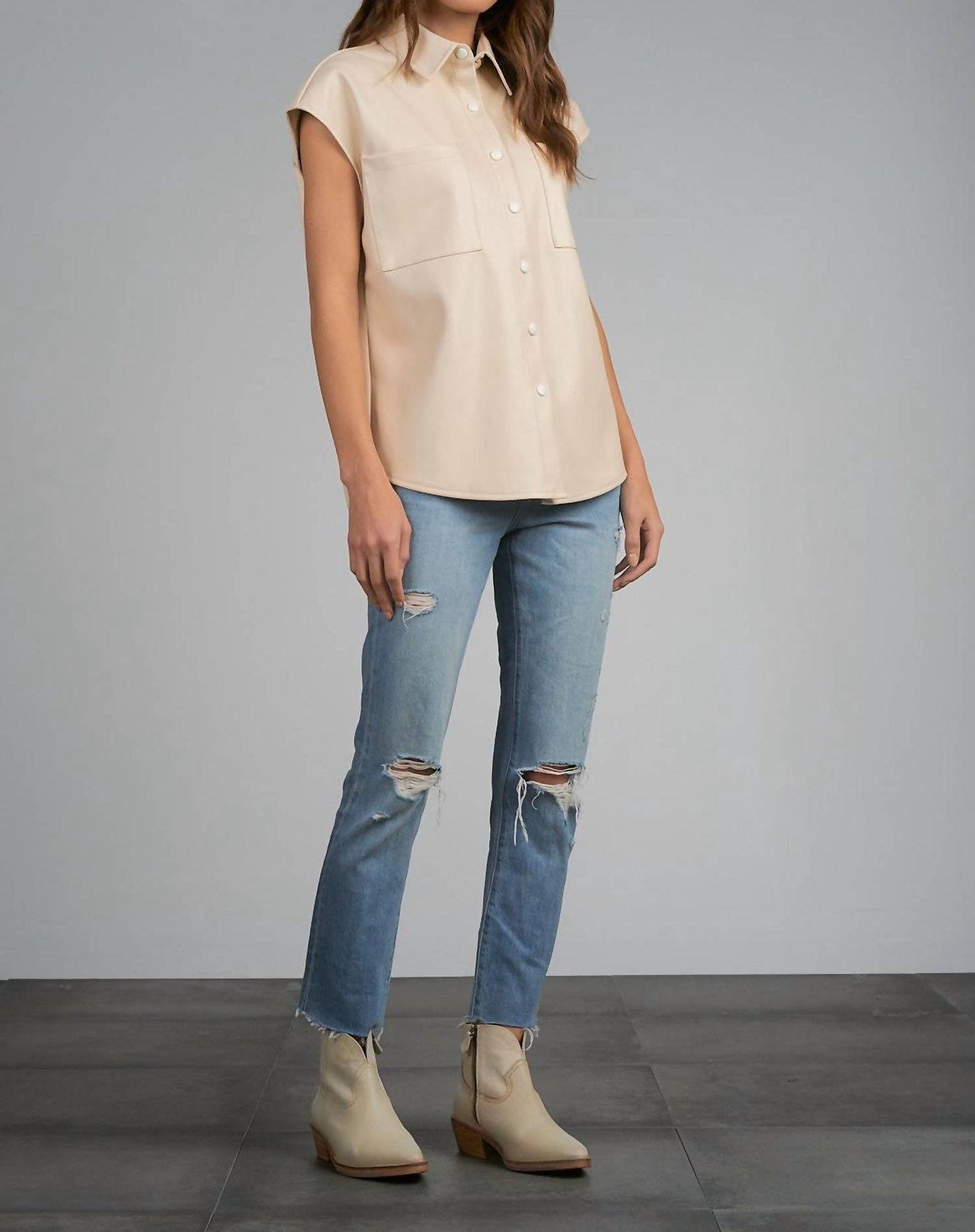 Elan - Cap Sleeve Faux Leather Top