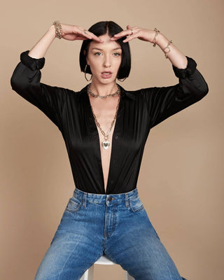 Eklexic - Colar feminino grande com corrente multi-elos e pingente de coração