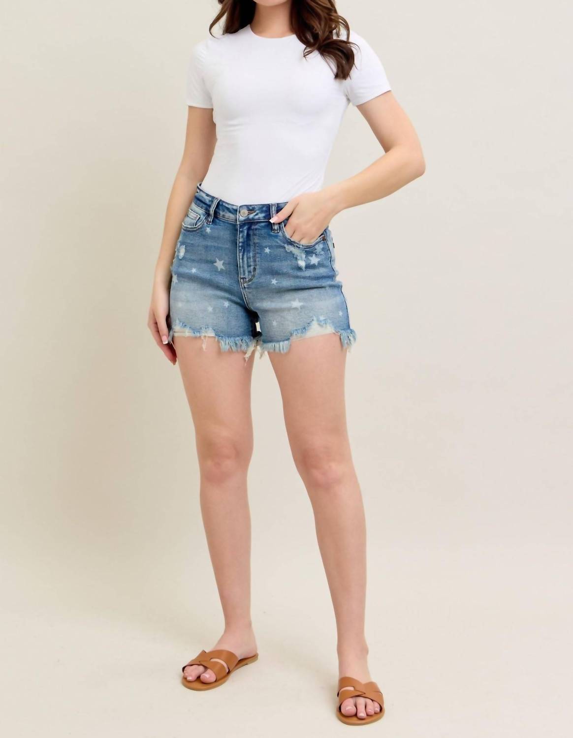 Judy Blue - High Waist Star Print Cut Off Denim Short
