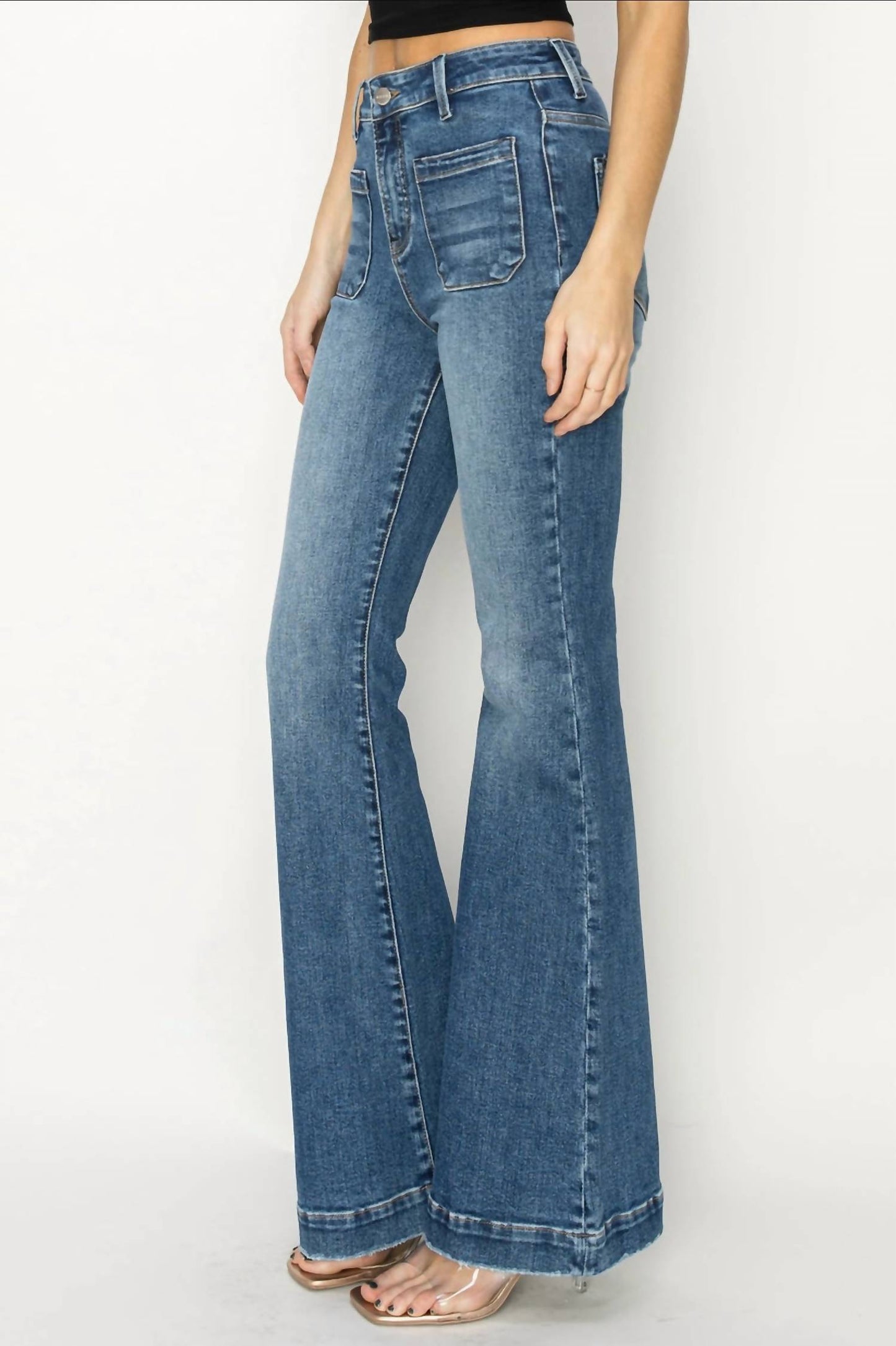 Risen - High Rise Patched Pocket Front Flare Jeans
