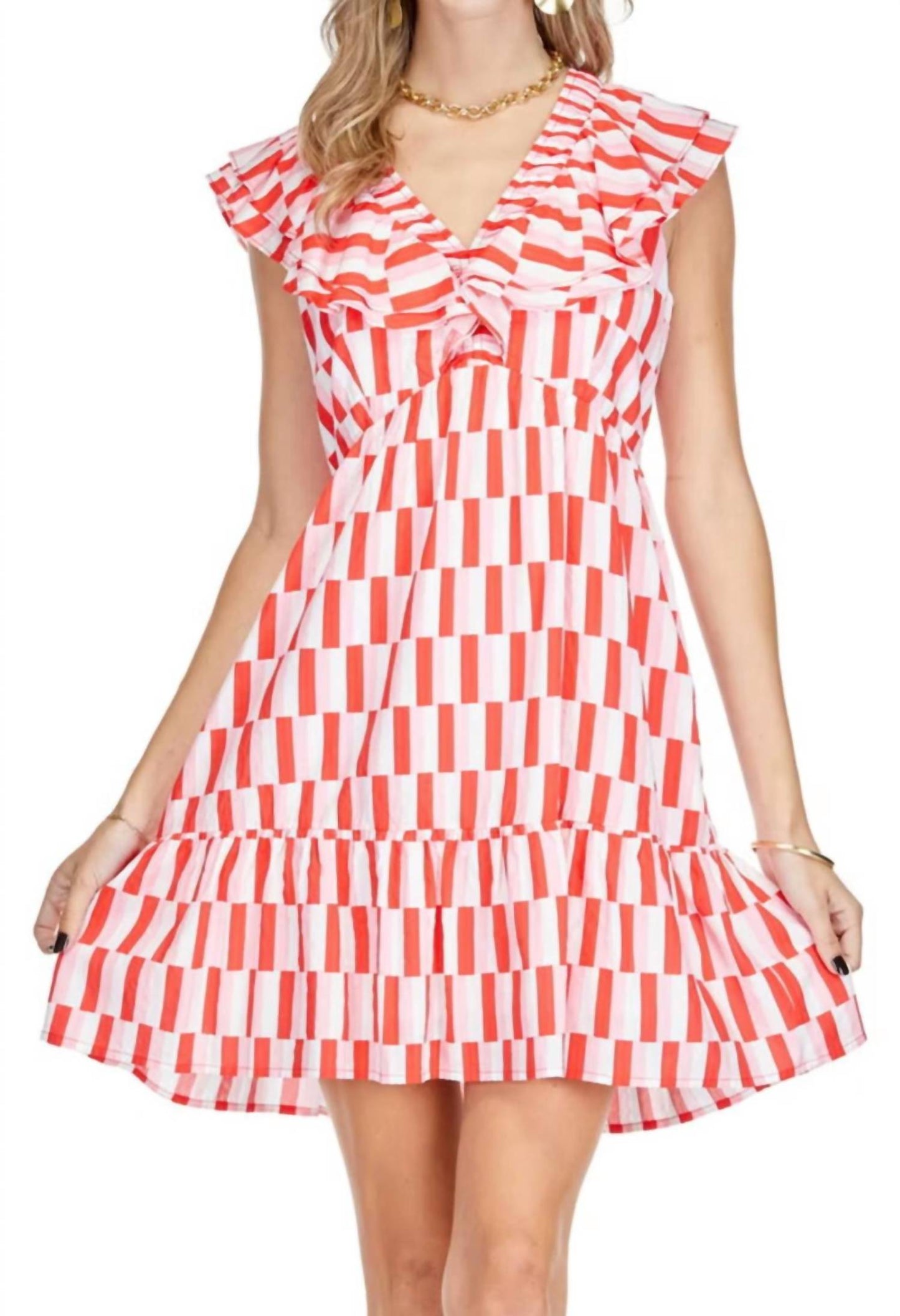 Joy Joy - Ruched V-neck Ruffles Dress