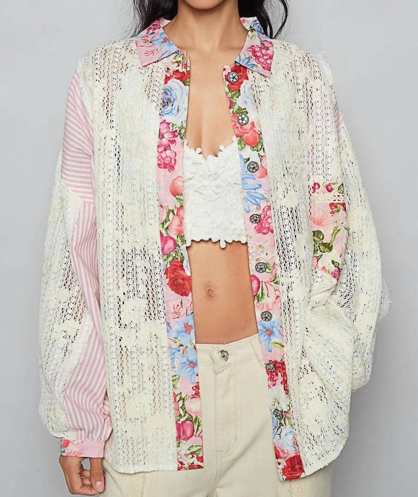 Pol - Lace Long Sleeve With Floral And Striped Pattern Top