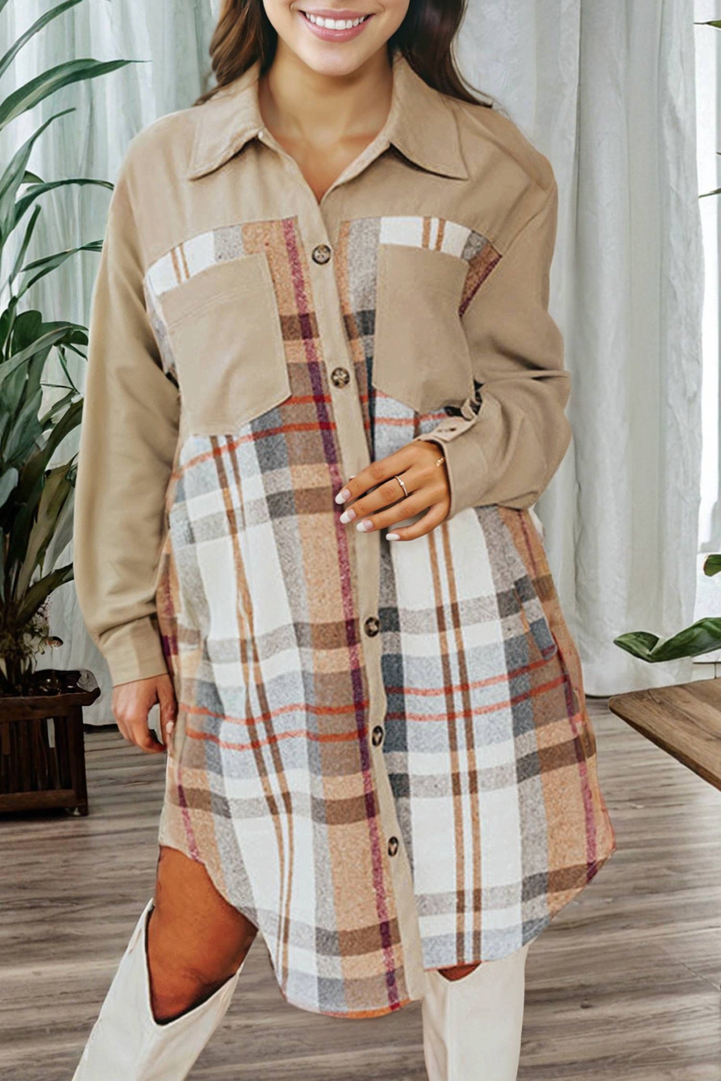 1 The Woman - plaid patch work long sleeve shirt mini fall dress