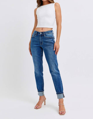 Judy Blue - Calça jeans boyfriend de cintura média com punho