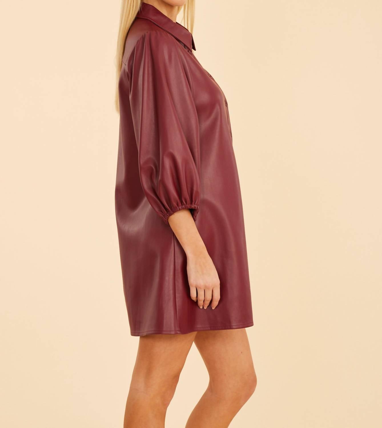 Dolce Cabo - Puff Sleeves Faux Leather Dress