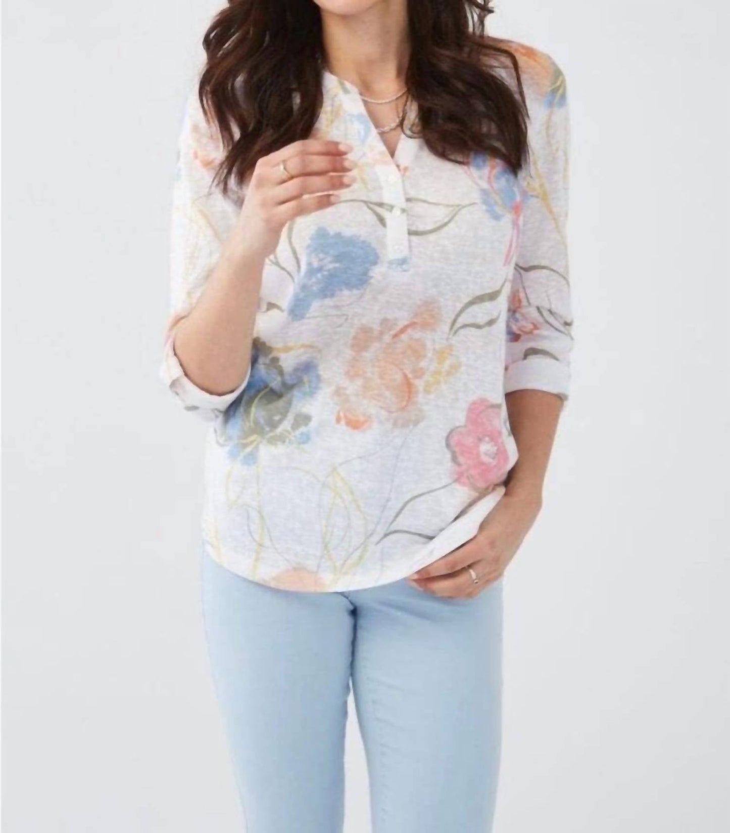 Fdj - Floral Tab Up Three Quarter Sleeve Blouse