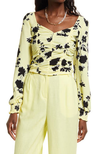 Ruched Crop Top - Yellow Floral